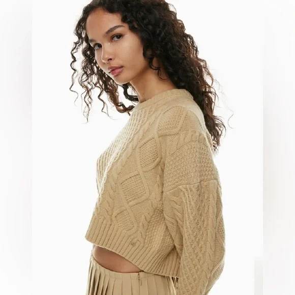 Aritzia Sunday Best Peggy Cropped Merino Wool Cable Knit Cream Sweater 2XS - Picture 2 of 14